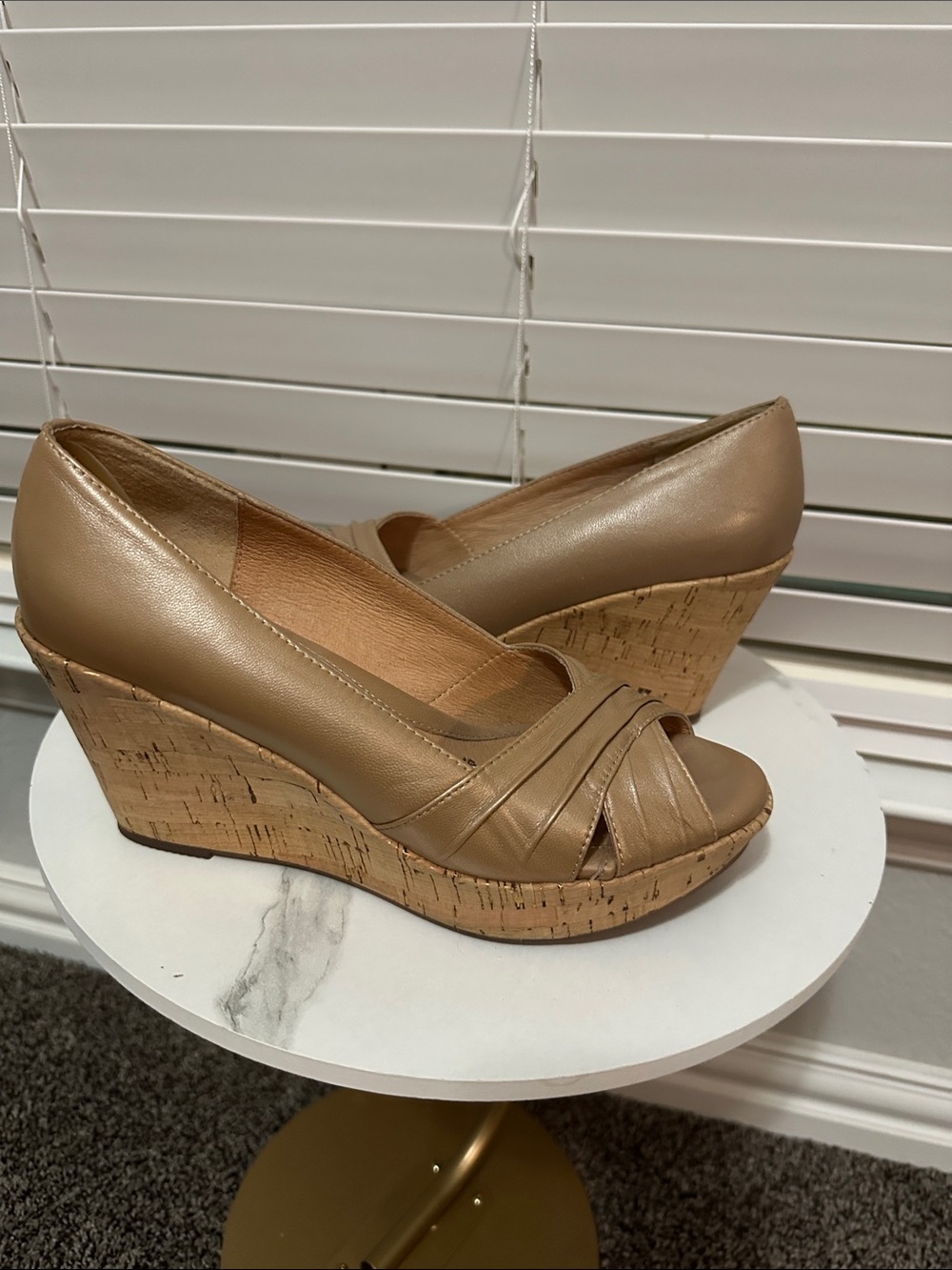 Sofft Taupe Peep-Toe Cork Wedge Pumps